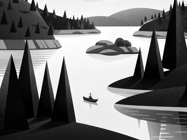 Pine islands on calm banded water, and a small figure in a boat.