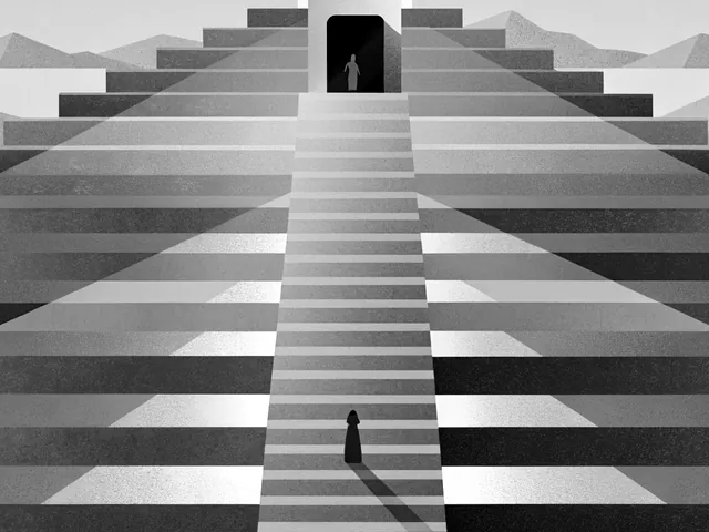 Terraced bands with a long staircase rising to a lit doorway, a small figure climbing