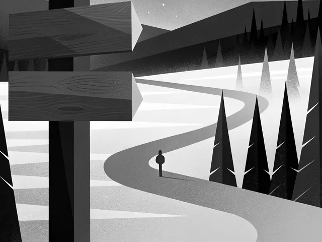 A winding snowy path between spruce, with a signpost whose arms are blank and a small figure on the path