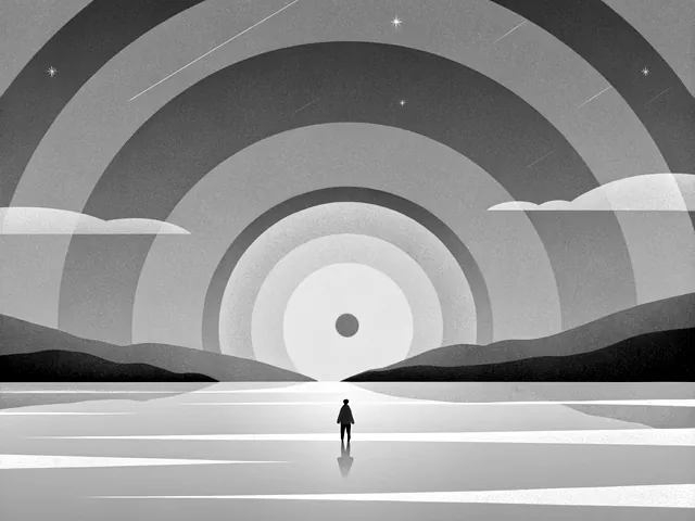 A frozen lake under concentric rings of sky, a small figure standing on the ice