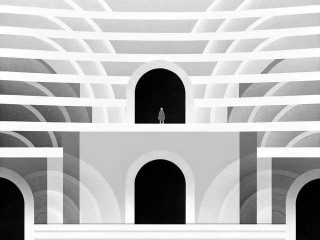 Grainy abstract composition of arches and horizontal bands with a small figure standing in a lit doorway